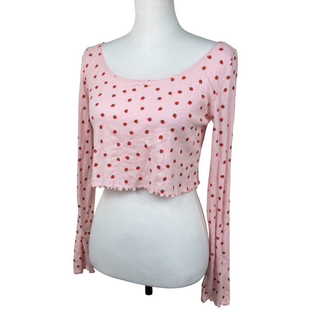 Out From Under Urban Outfitters Pink Strawberry Pointelle Crop Top Long Sleeve